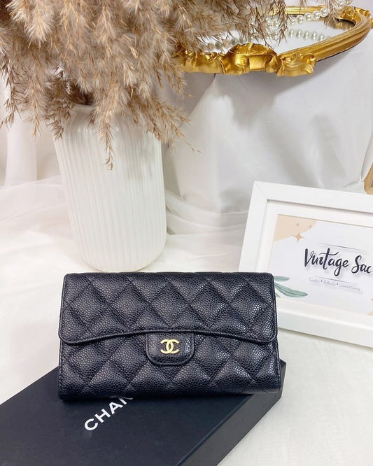 Chanel Black Caviar Long Trifold Wallet (GHW)