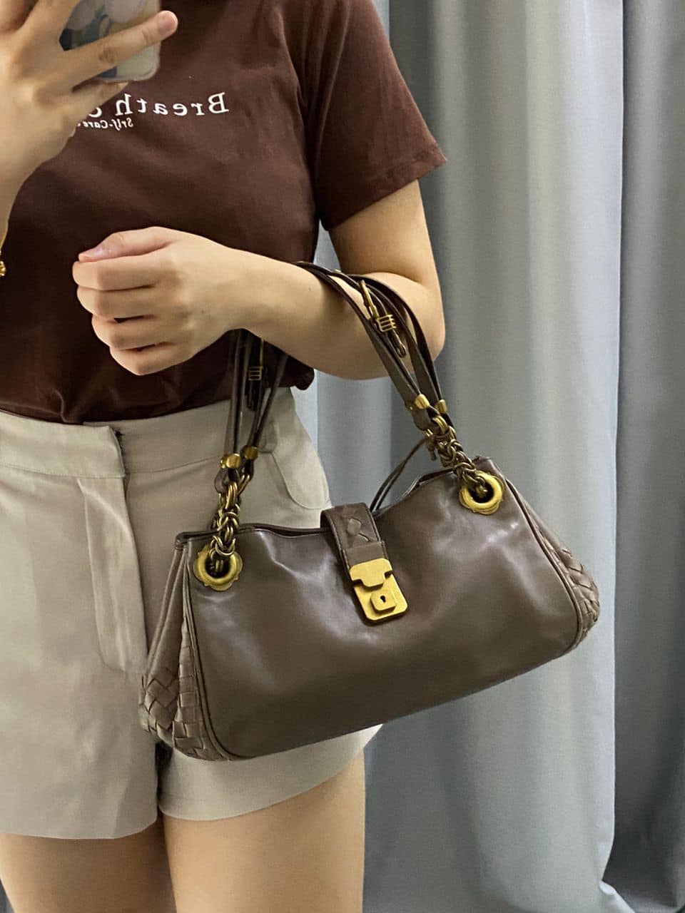 Bottega Veneta Brown Calfskin Napoli Shoulder Bag