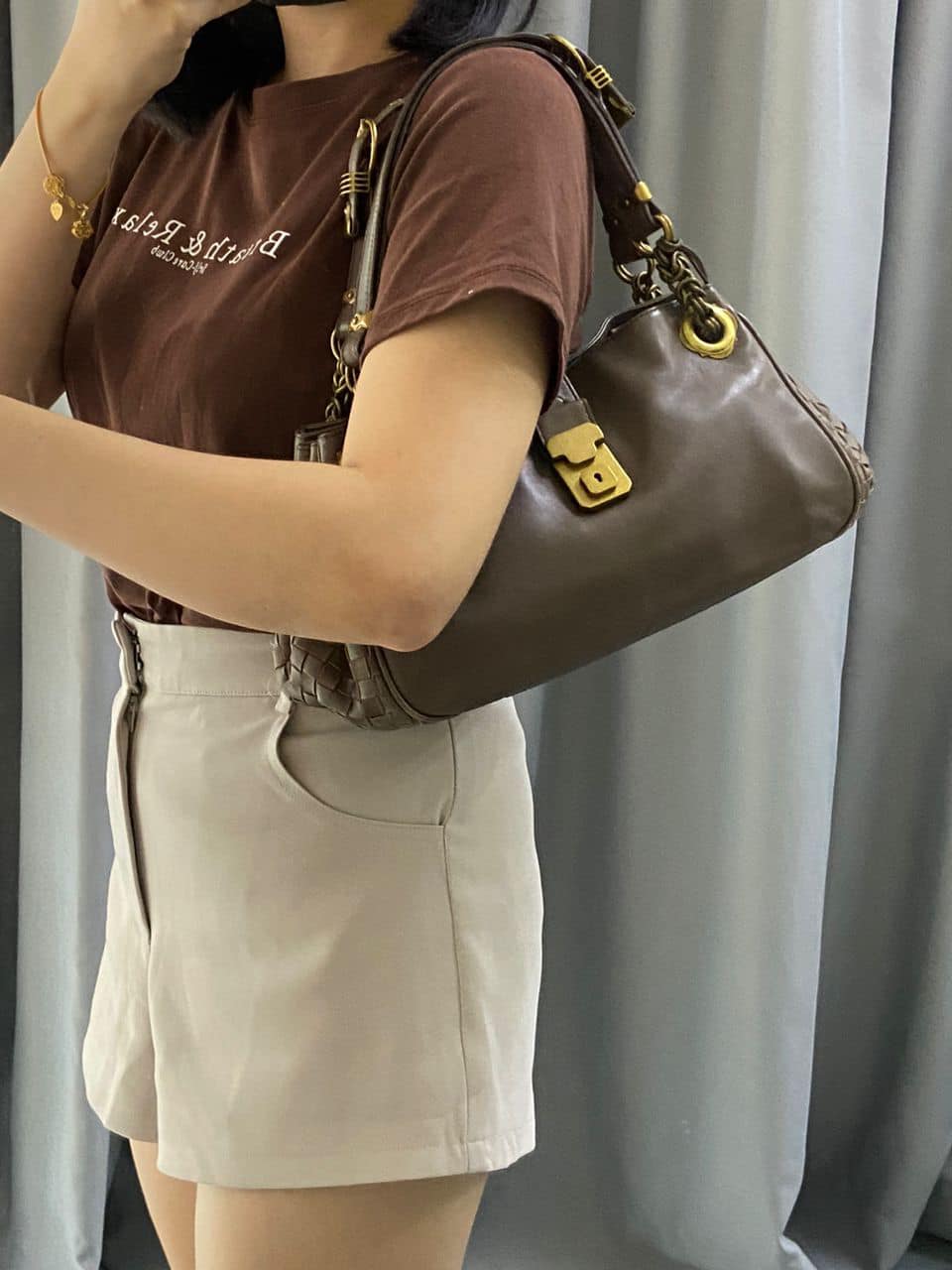 Bottega Veneta Brown Calfskin Napoli Shoulder Bag