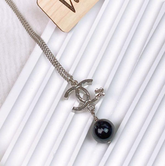 Chanel Black Silver Bead Clover Necklace