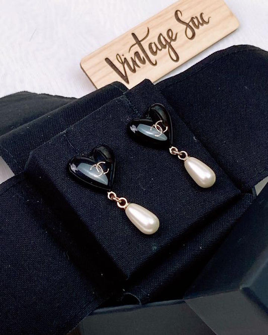 Chanel Black Gold Heart Pearl CC Earrings