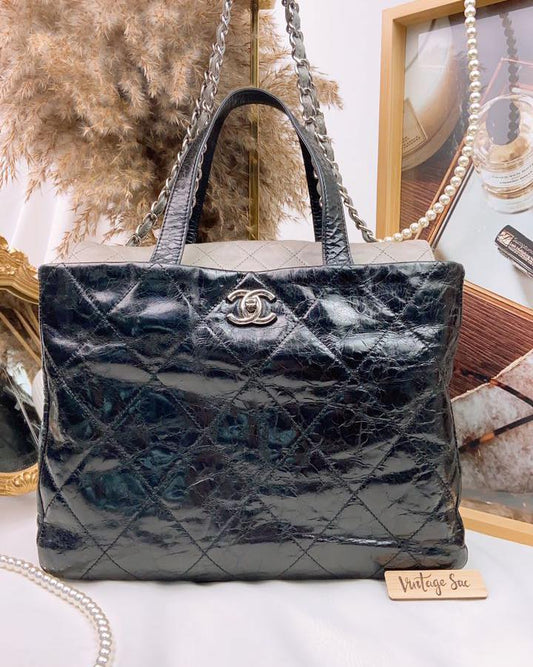 Chanel Black Grey Glazed Calfskin Portobello Tote Bag SHW