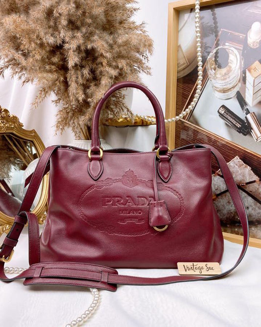 Prada Burgundy Calfskin Logo Embossed Open Tote 34cm