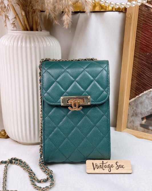 Chanel Green Caviar Vertical Phone Bag LGHW