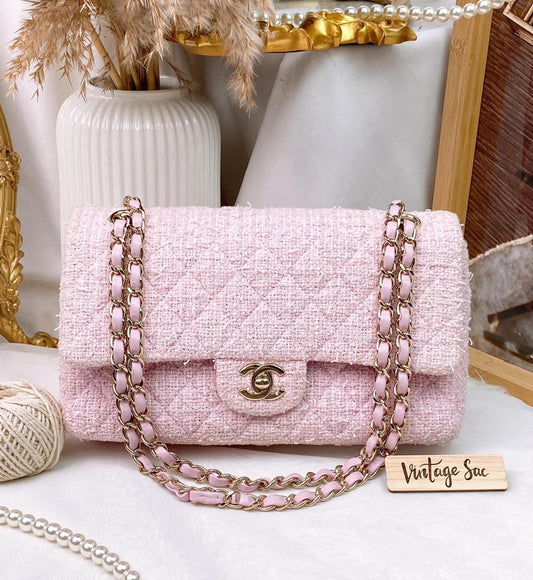 Chanel Pink Tweed Medium Classic Flap Bag GHW