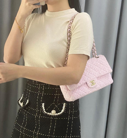 Chanel Pink Tweed Medium Classic Flap Bag GHW