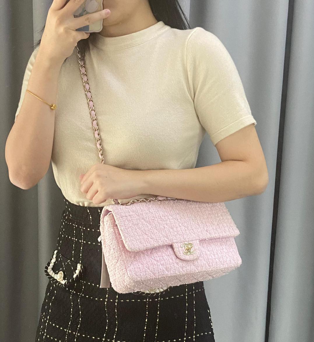 Chanel Pink Tweed Medium Classic Flap Bag GHW