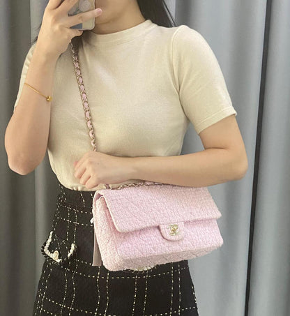 Chanel Pink Tweed Medium Classic Flap Bag GHW