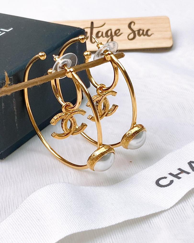 Chanel Gold Double Hoop Pearl Earrings