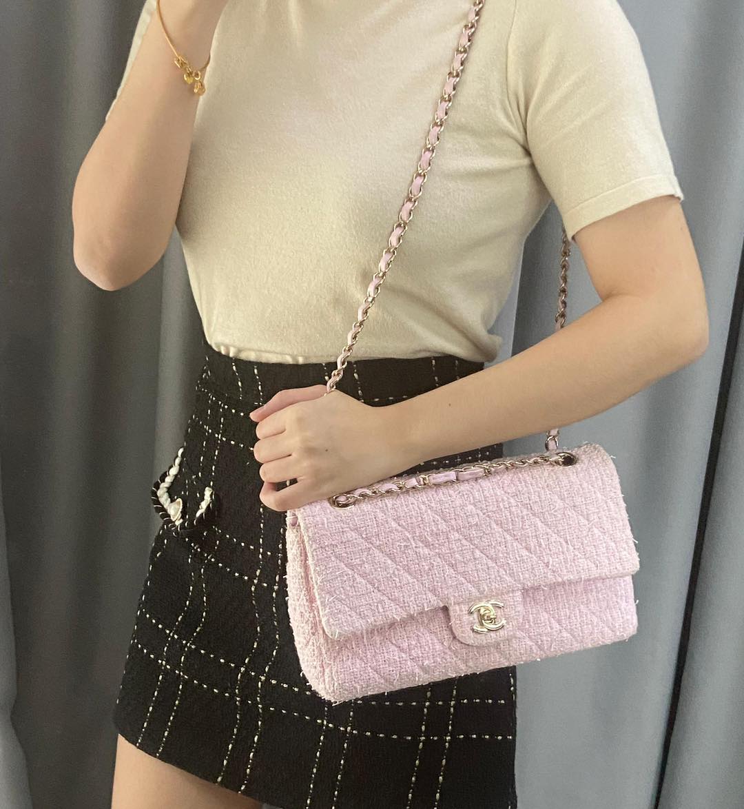 Chanel Pink Tweed Medium Classic Flap Bag GHW