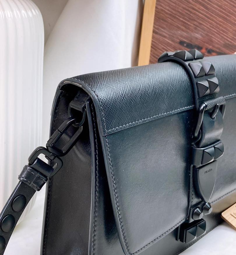 Prada So Black Calf Saffiano Elektra Studded Crossbody Bag