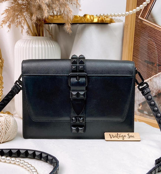 Prada So Black Calf Saffiano Elektra Studded Crossbody Bag