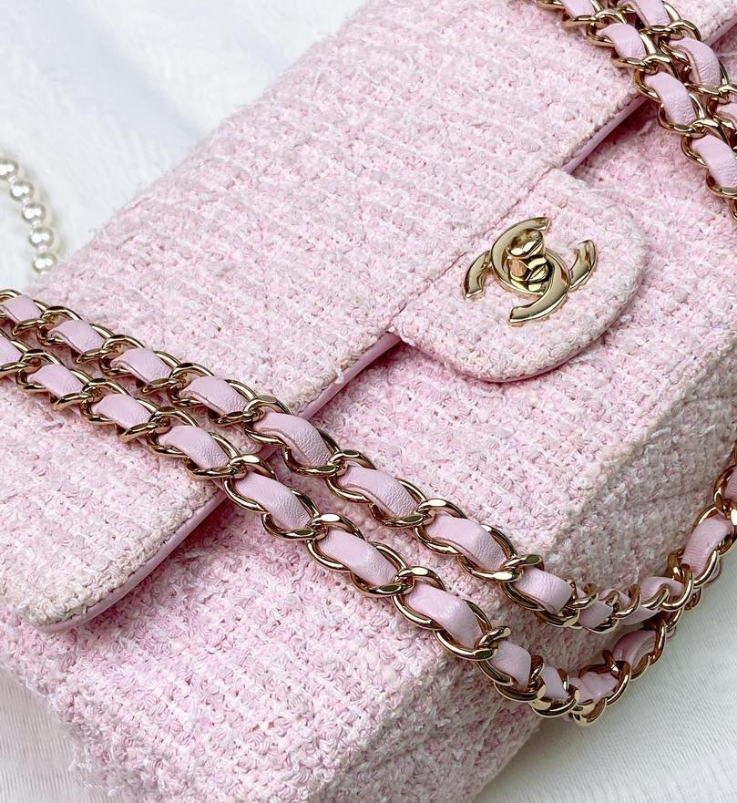 Chanel Pink Tweed Medium Classic Flap Bag GHW