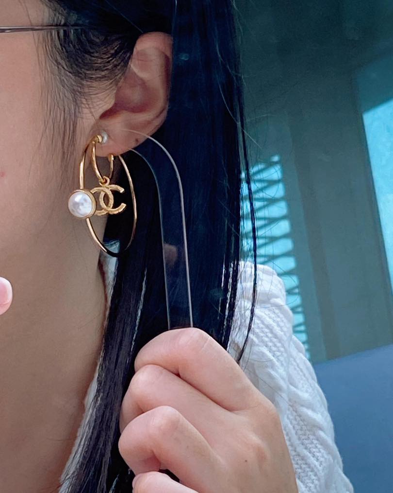 Chanel Gold Double Hoop Pearl Earrings