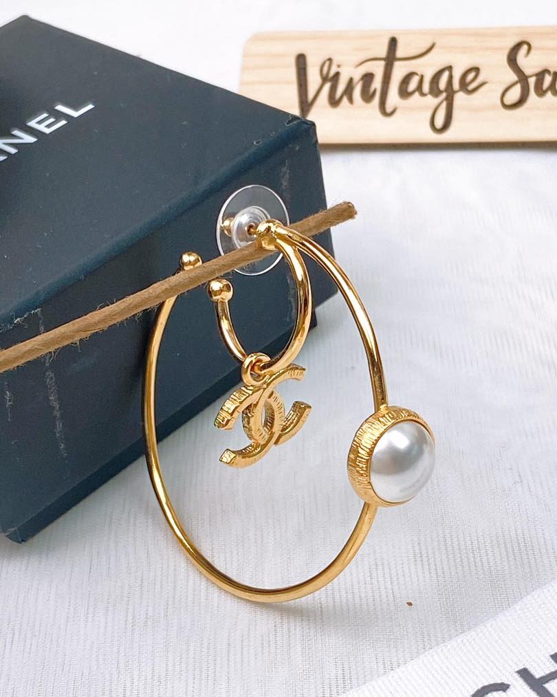 Chanel Gold Double Hoop Pearl Earrings