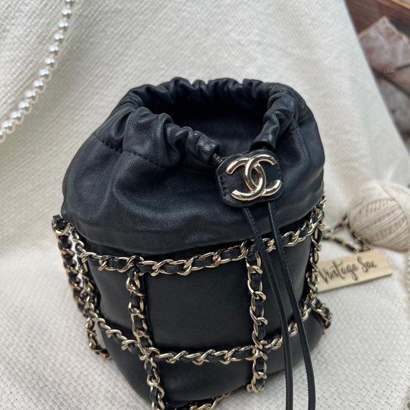 Chanel Black Drawstring Bucket Bag with Chain