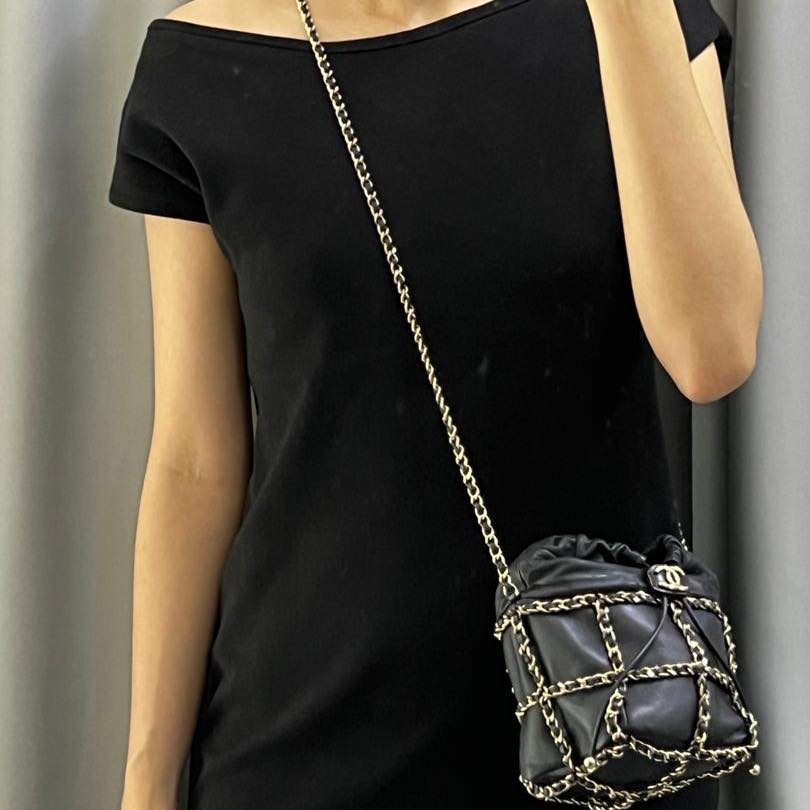 Chanel Black Drawstring Bucket Bag with Chain