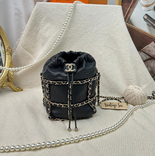 Chanel Black Drawstring Bucket Bag with Chain