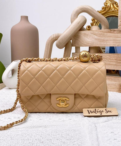 Chanel Beige Lambskin Mini Rectangular with Pearl Crush GHW