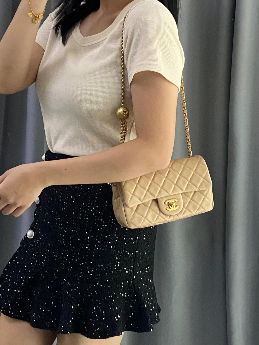 Chanel Beige Lambskin Mini Rectangular with Pearl Crush GHW