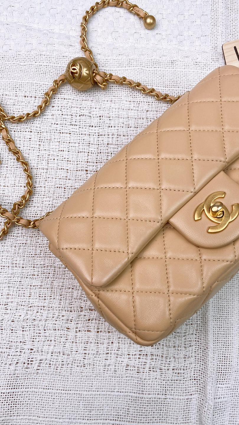 Chanel Beige Lambskin Mini Rectangular with Pearl Crush GHW