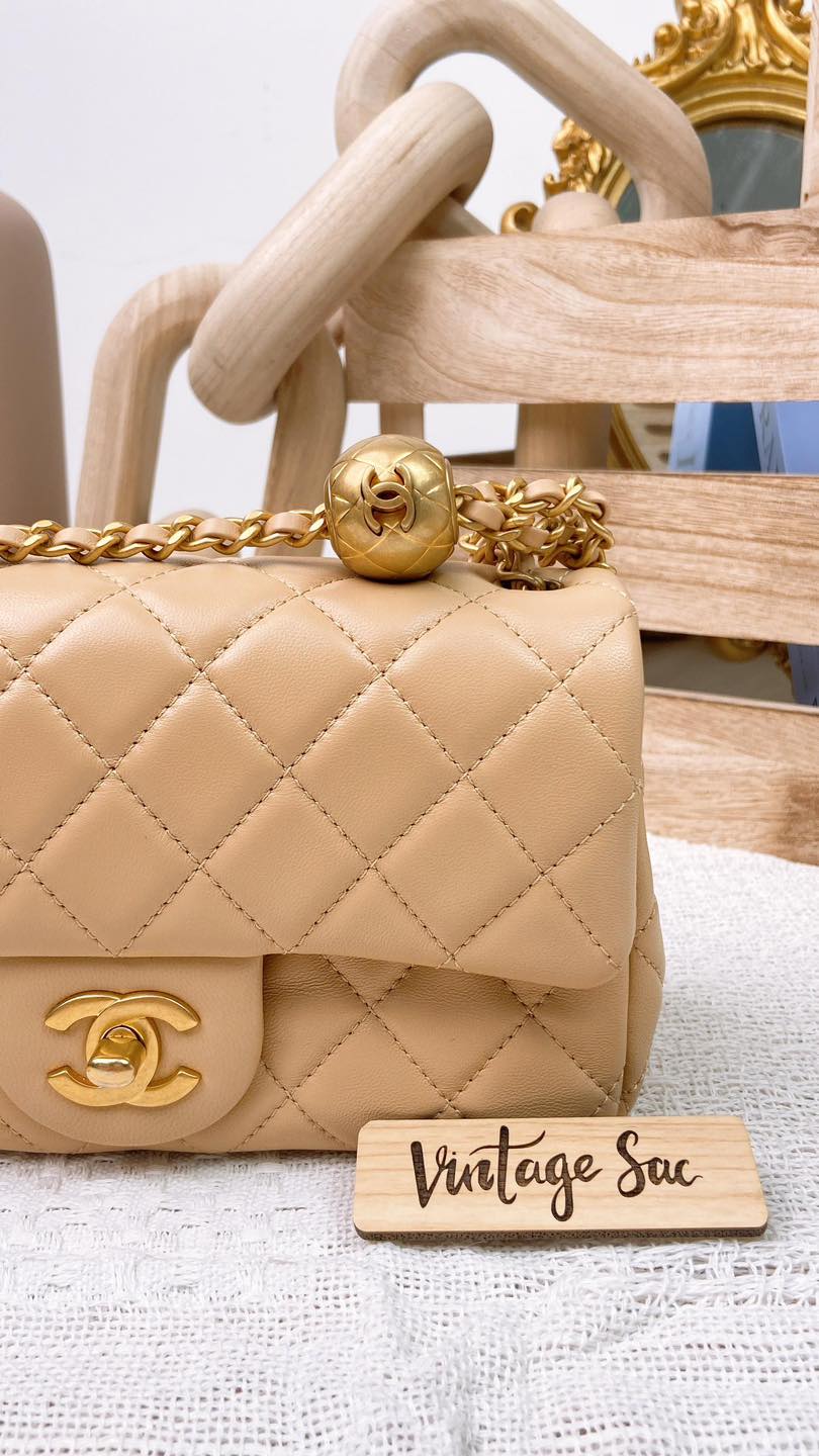 Chanel Beige Lambskin Mini Rectangular with Pearl Crush GHW