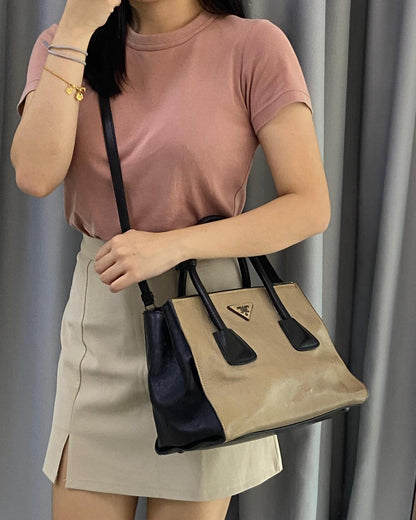 Prada Calfskin Bicolor Twin Pocket Small Tote SHW