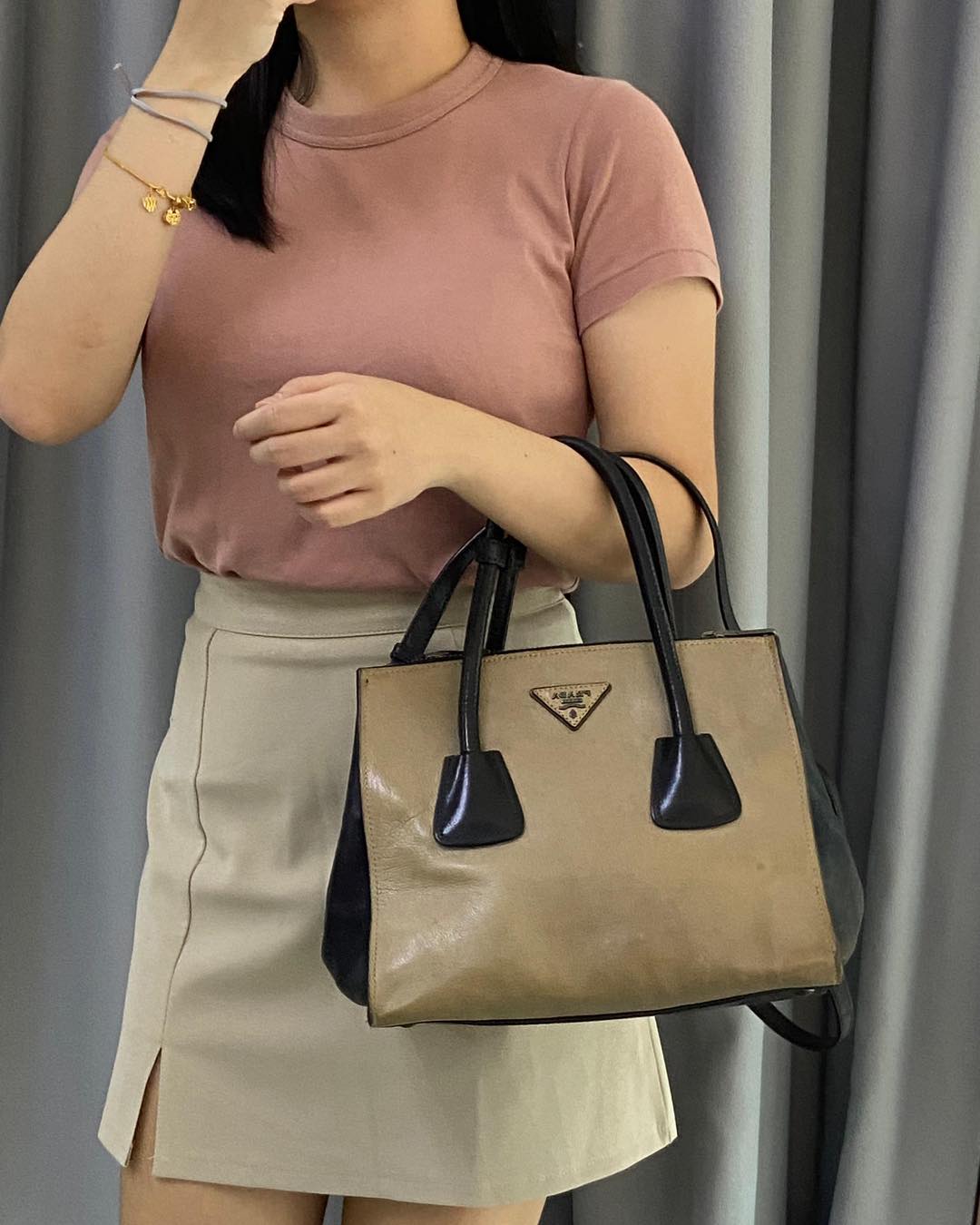 Prada Calfskin Bicolor Twin Pocket Small Tote SHW