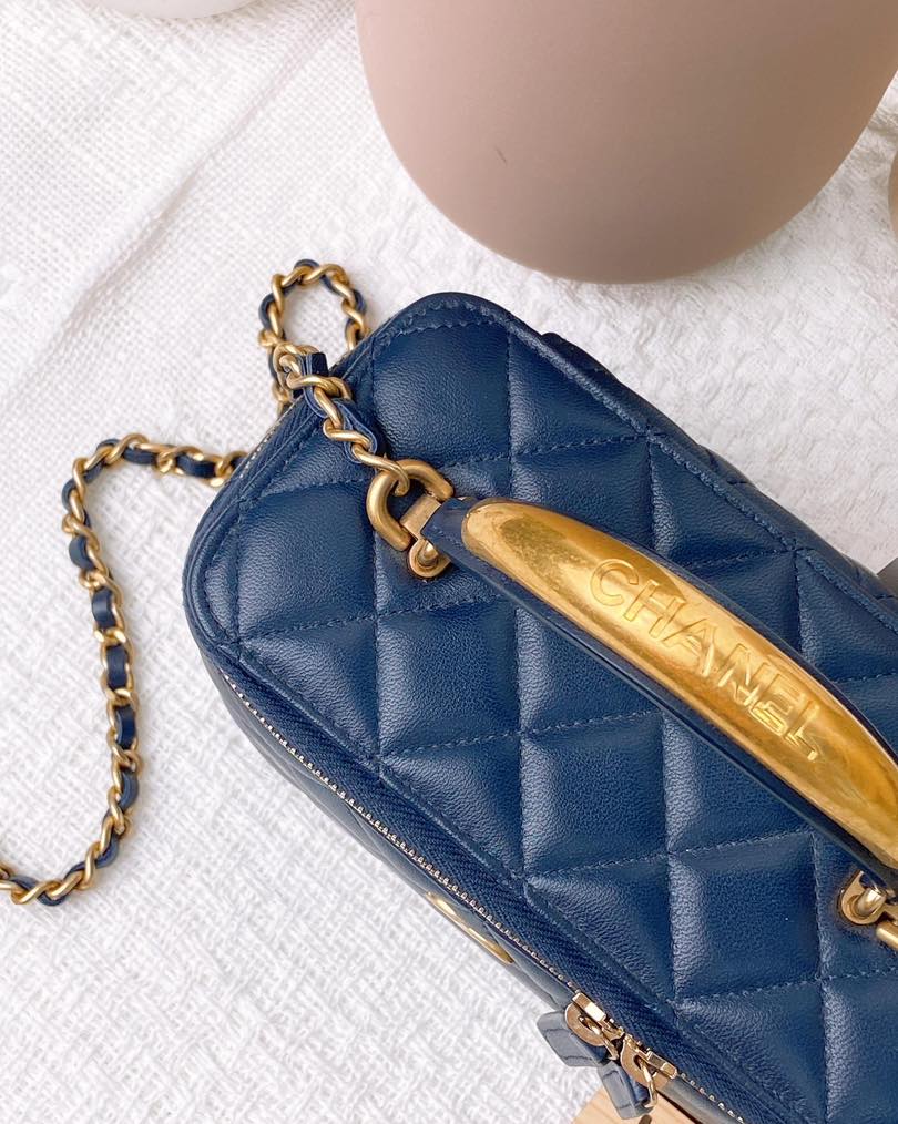 Chanel Navy Blue Lambskin Vanity with Top Handle GHW