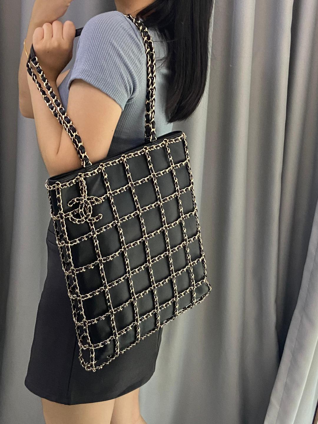 Chanel Black Lambskin Frame Chain Cage Tote LGHW