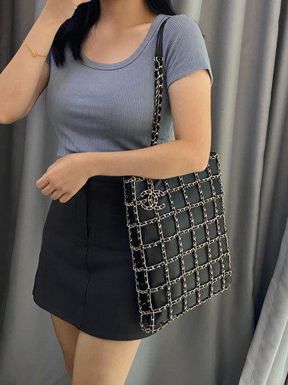 Chanel Black Lambskin Frame Chain Cage Tote LGHW