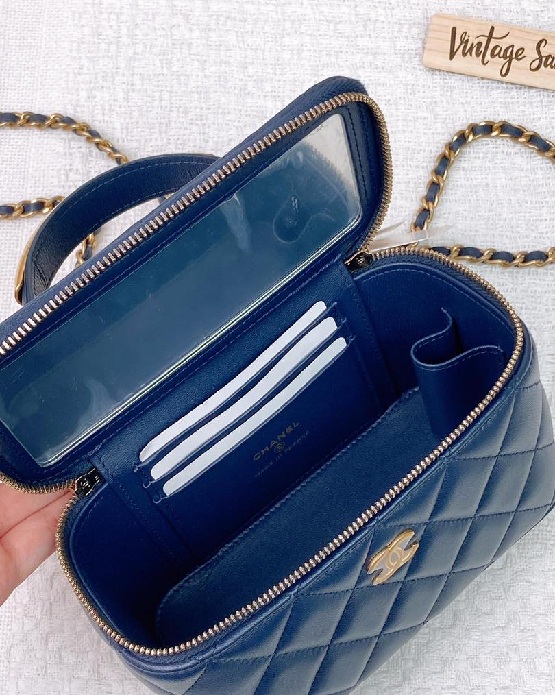 Chanel Navy Blue Lambskin Vanity with Top Handle GHW