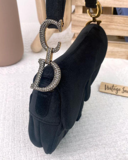 Dior Black Velvet Diamanté Mini Saddle