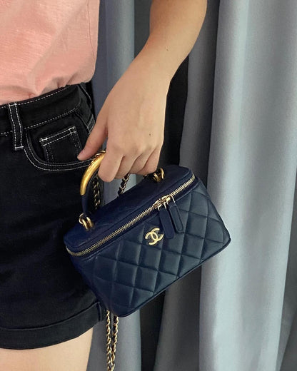 Chanel Navy Blue Lambskin Vanity with Top Handle GHW