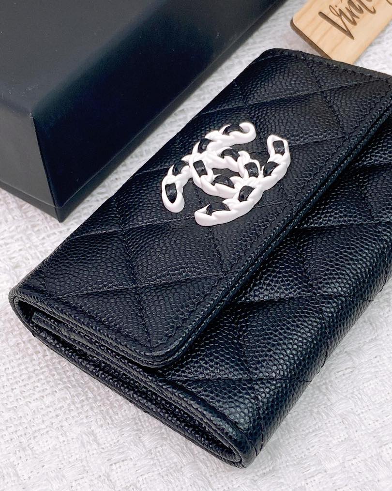 Chanel Black Caviar 19 Flap Card Holder with White Hardware