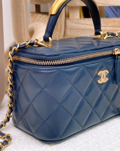 Chanel Navy Blue Lambskin Vanity with Top Handle GHW