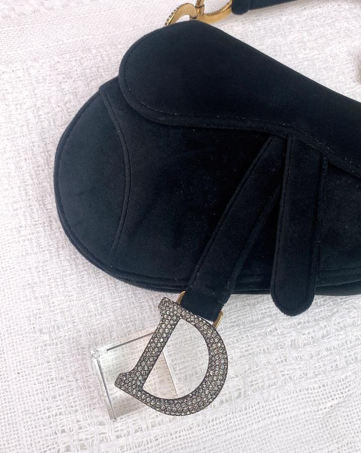 Dior Black Velvet Diamanté Mini Saddle