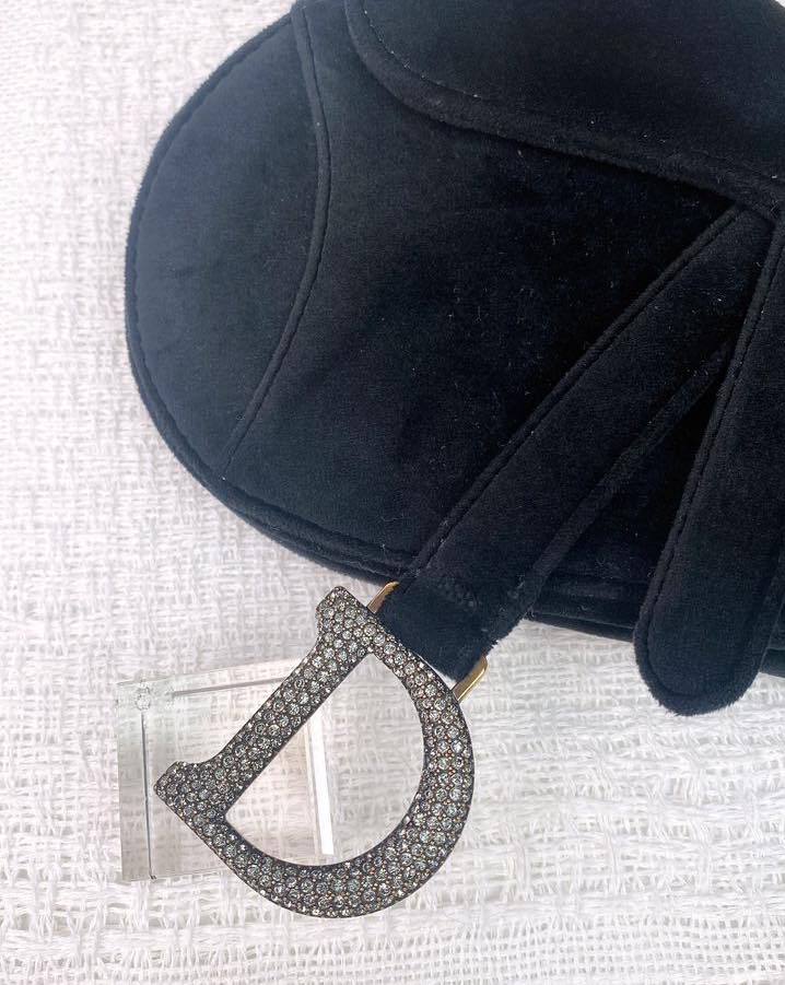 Dior Black Velvet Diamanté Mini Saddle