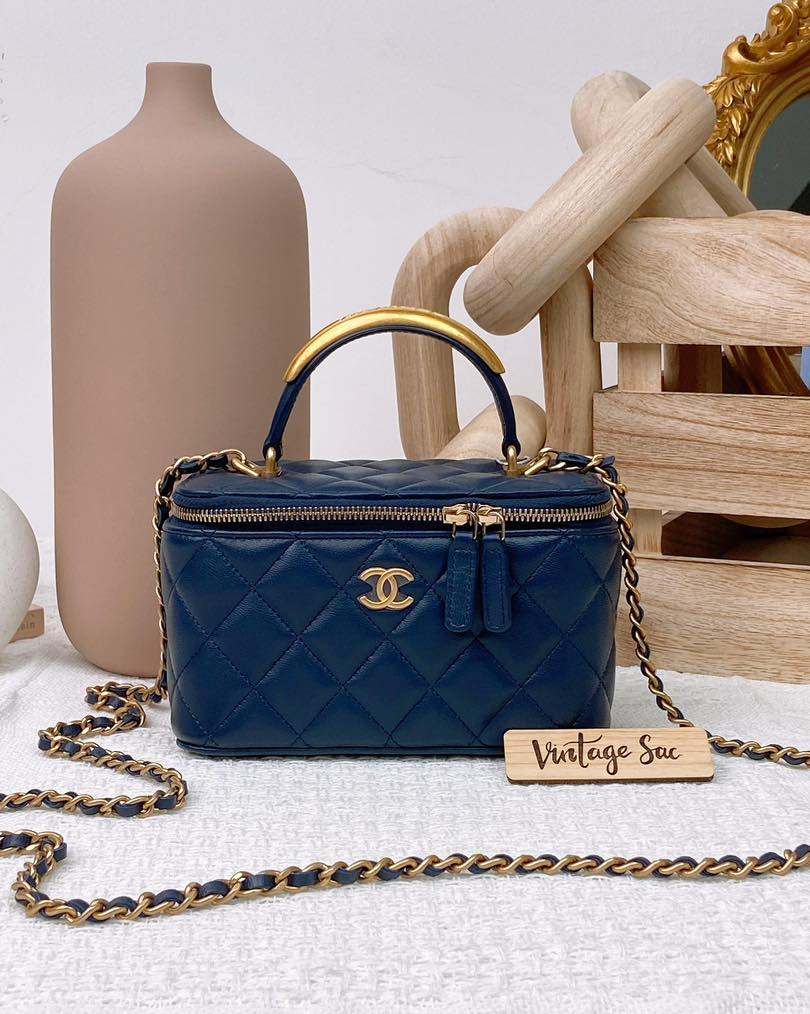 Chanel Navy Blue Lambskin Vanity with Top Handle GHW