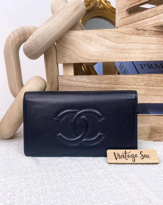 Chanel Navy Caviar Timeless Bifold Long Wallet