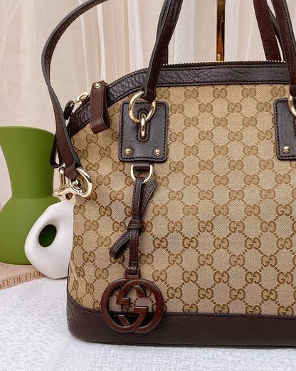 Gucci Brown Canvas Calfskin Dome Tote