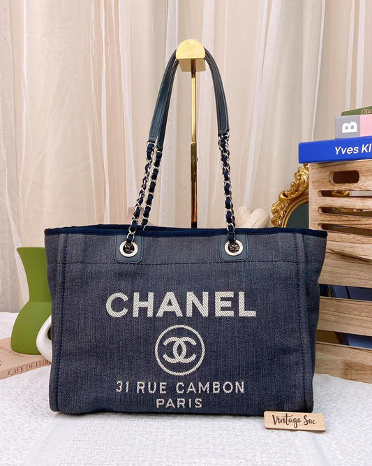 Chanel Dark Blue Canvas Deauville Bag SHW