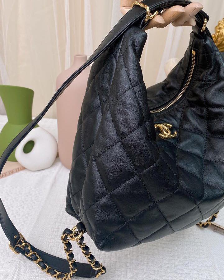 Chanel Black Lambskin 22B Small Hobo Bag