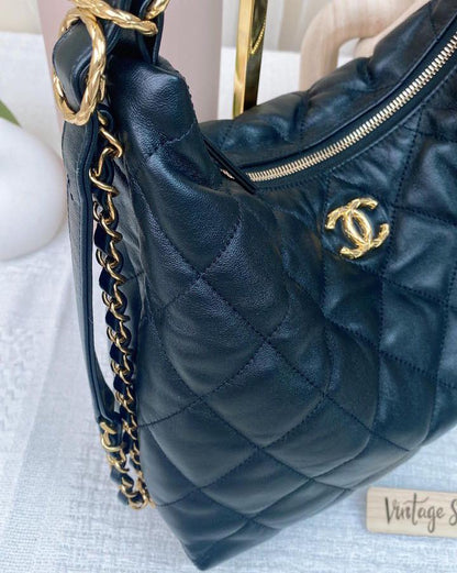 Chanel Black Lambskin 22B Small Hobo Bag