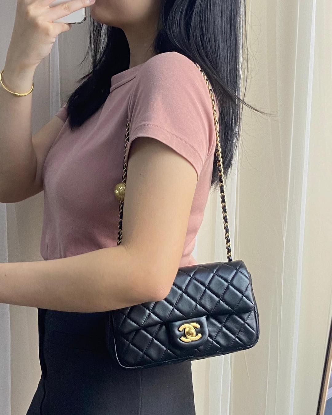 Chanel Black Lambskin Mini Rectangular with Pearl Crush GHW