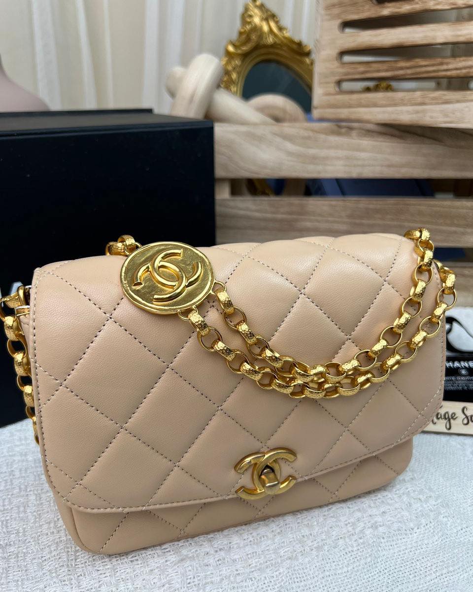 Chanel Beige Coco Chain Charm Flap GHW