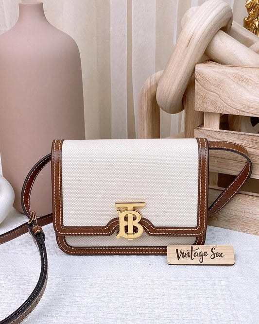 Burberry Brown Beige Canvas TB Mini Crossbody Bag