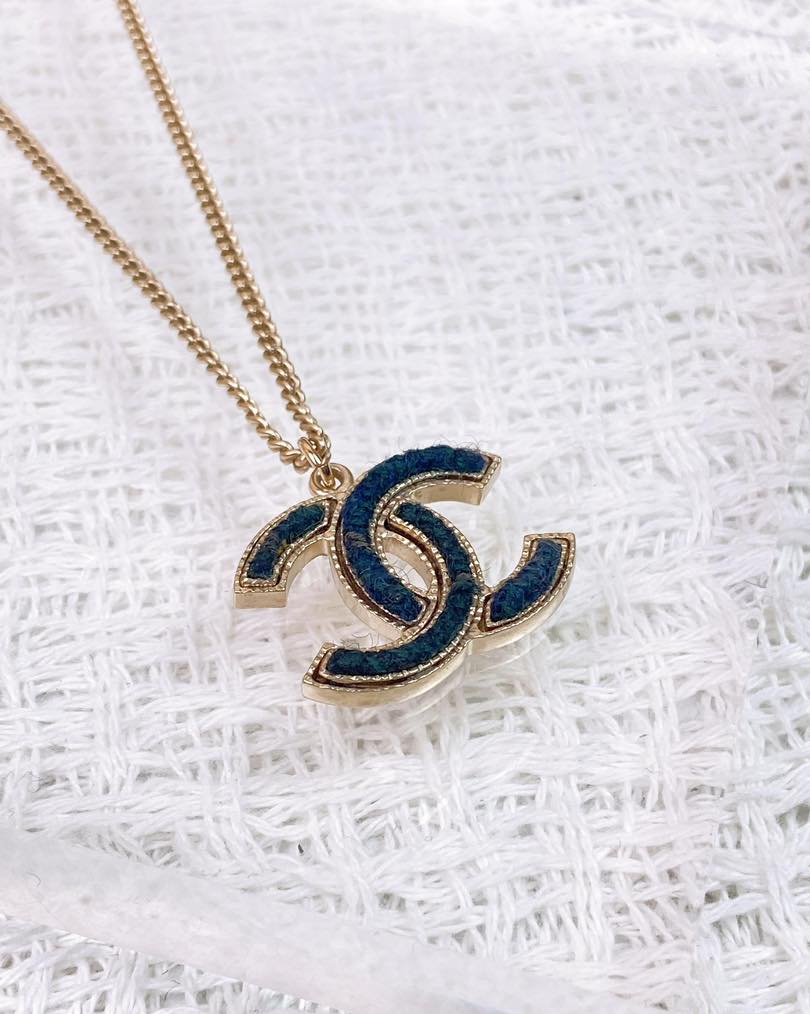 Chanel Light Gold Black Tweed Logo Necklace