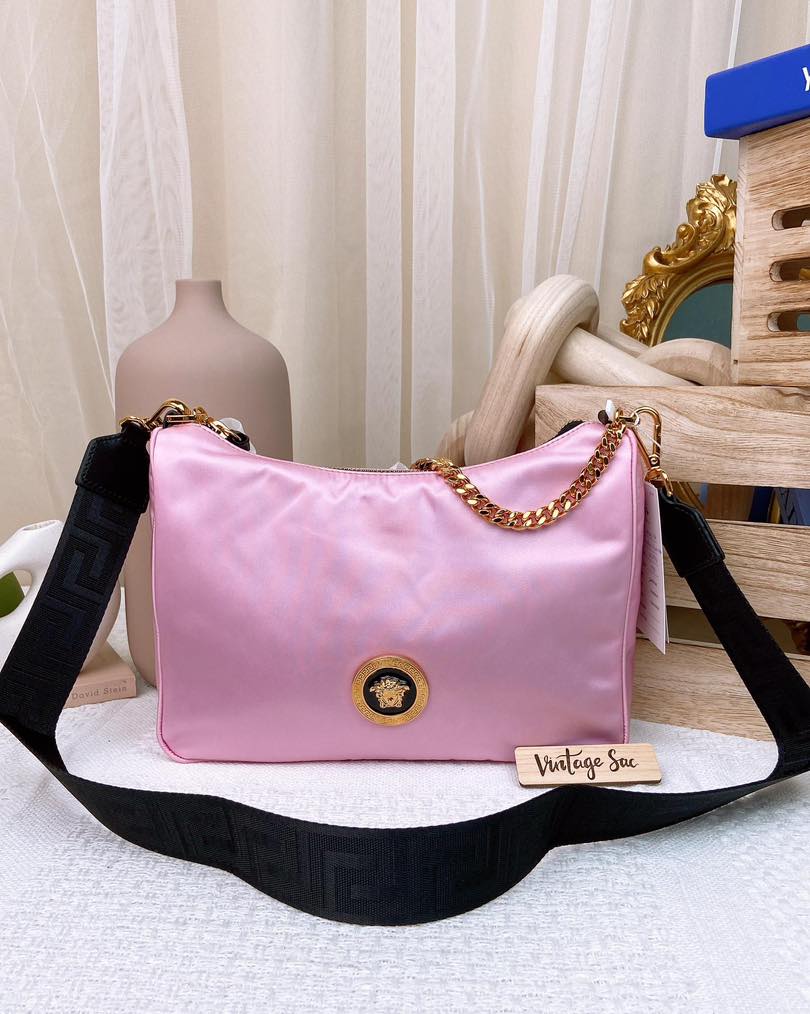 Versace Pink Nylon Medusa Tribute Hobo Crossbody Bag