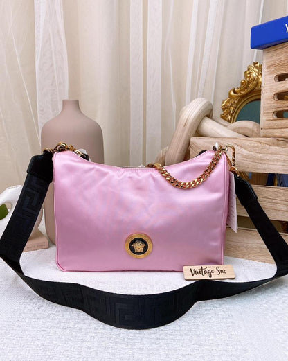 Versace Pink Nylon Medusa Tribute Hobo Crossbody Bag